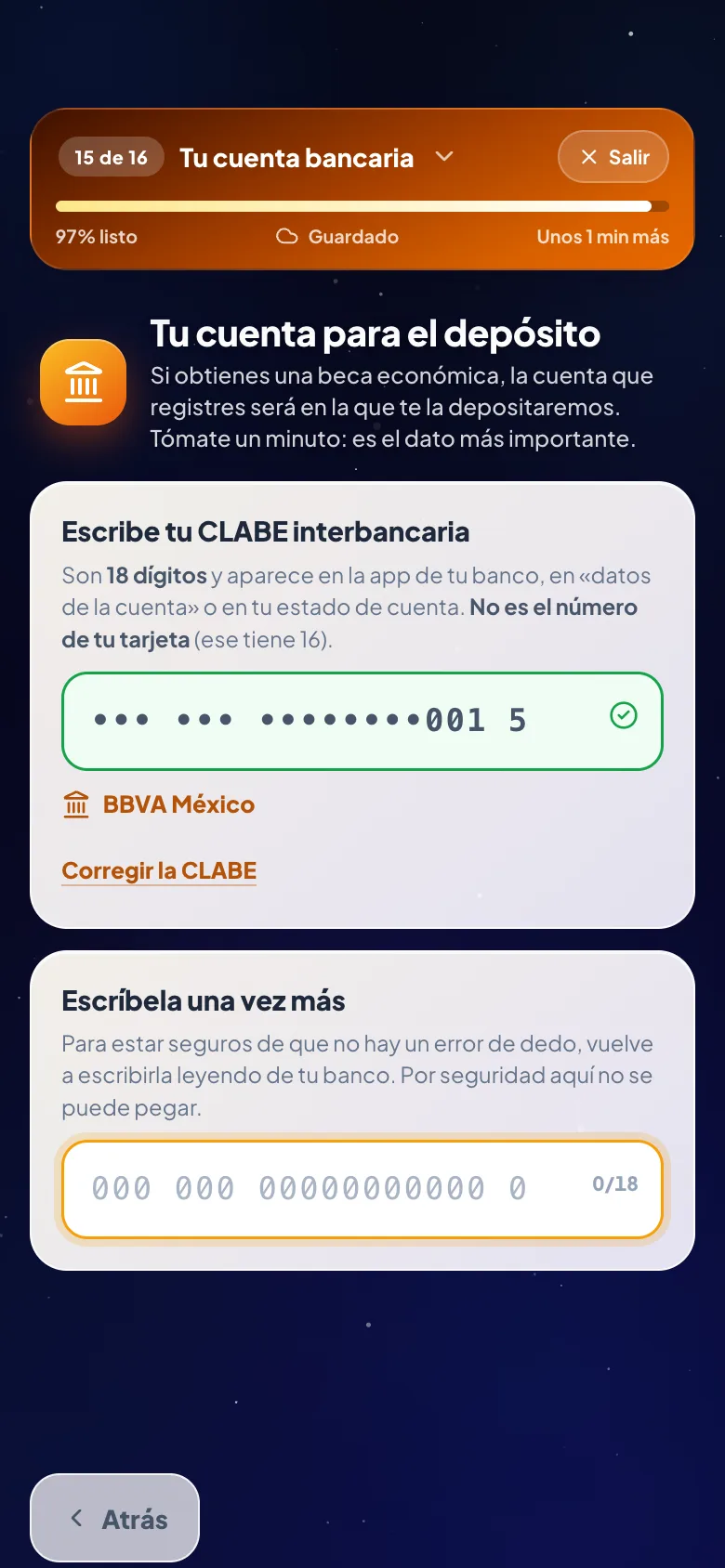Pantalla del paso 9: Escribe tu CLABE interbancaria