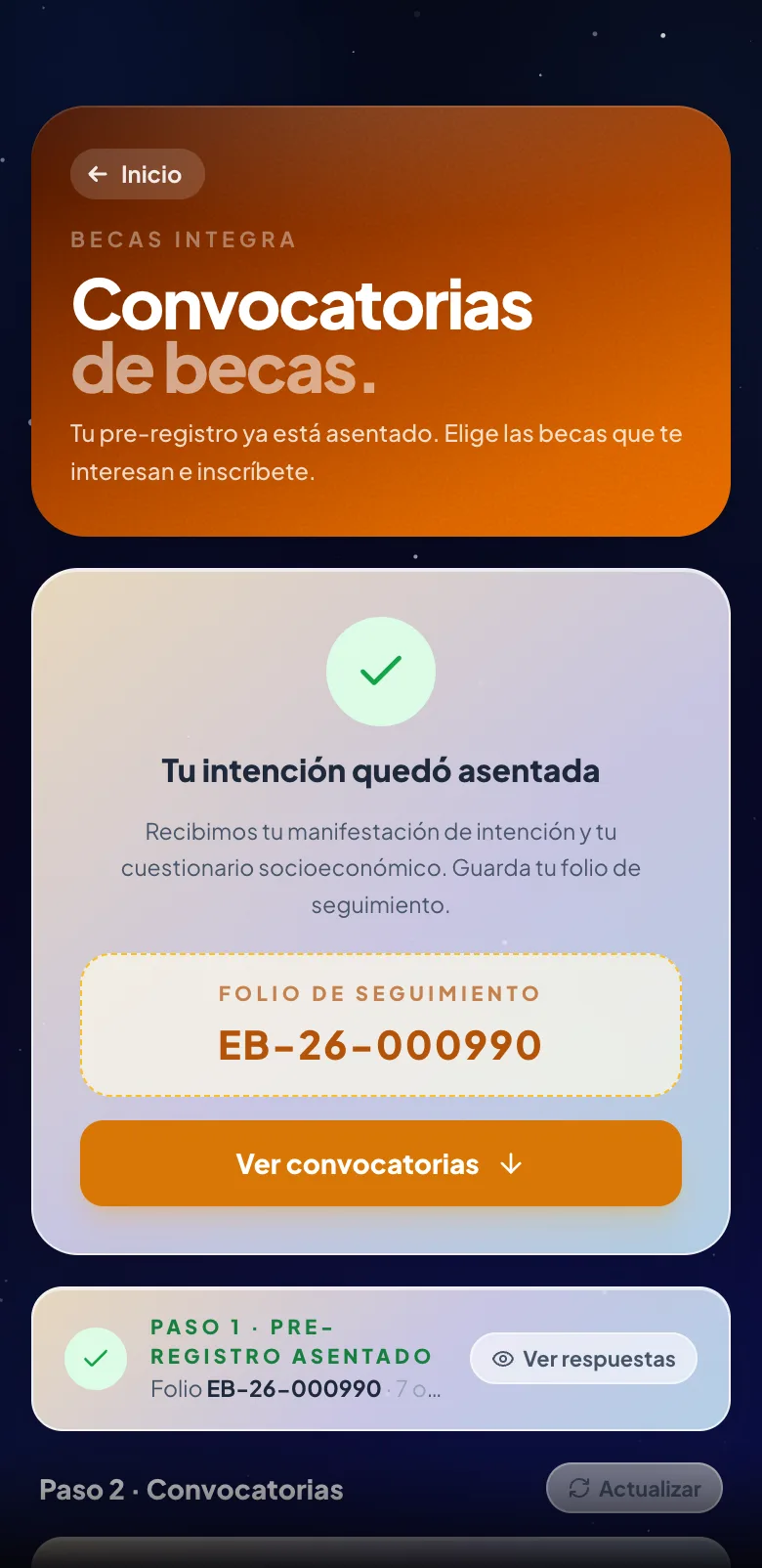 Pantalla del paso 13: Guarda tu folio de seguimiento
