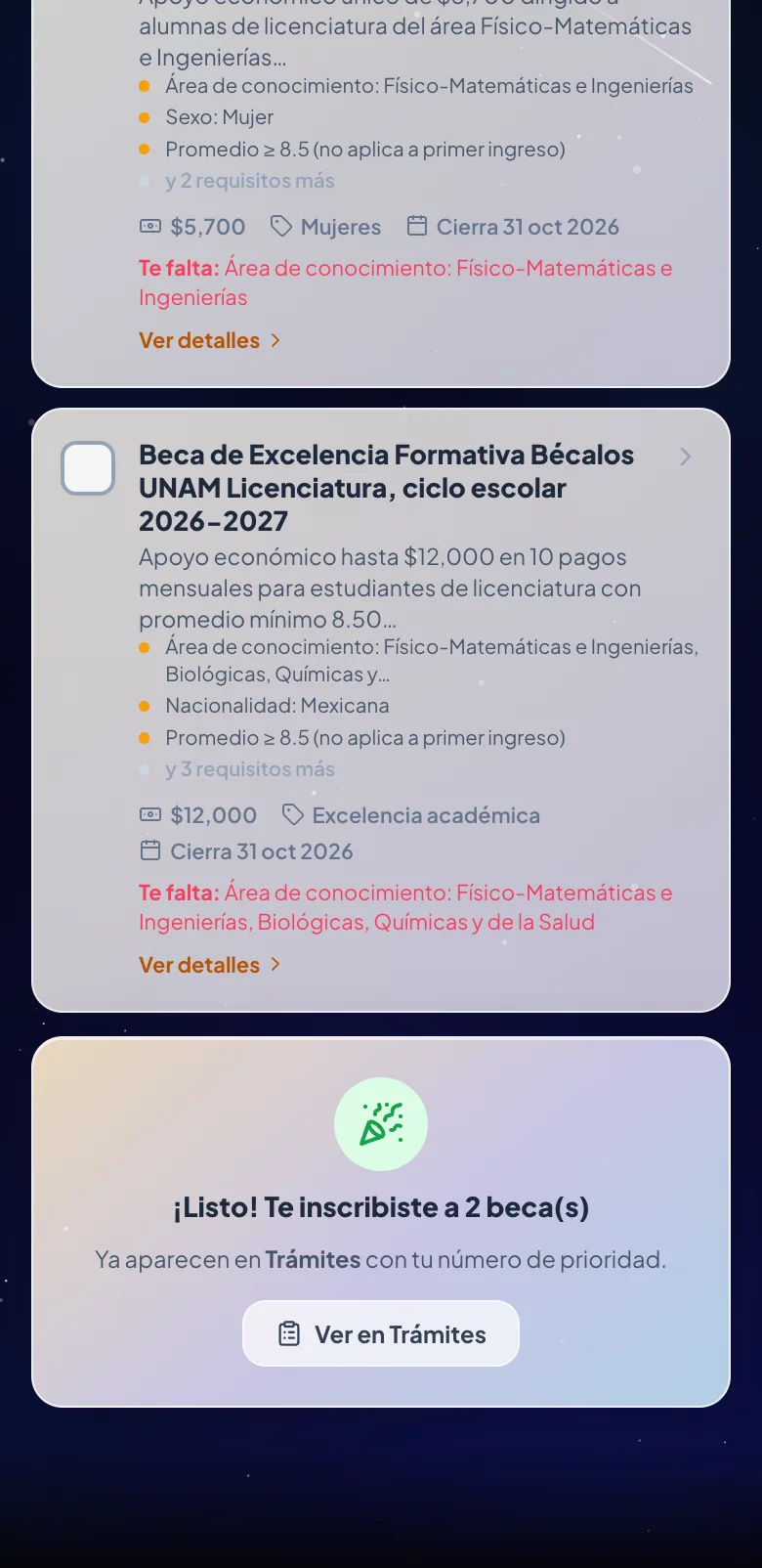 Pantalla del paso 18: Tus becas aparecen como «Recibida»
